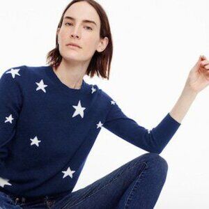 J Crew Everyday Cashmere Crewneck Sweater Intarsia-Knit Stars Navy SZ L